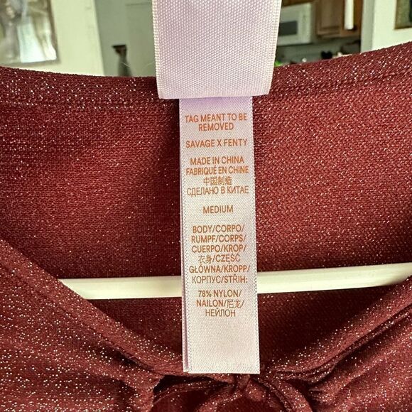 Savage X Fenty Red Burgundy Shimmer Sleep & Shine Long-Sleeve Cropped Top - Picture 7 of 8